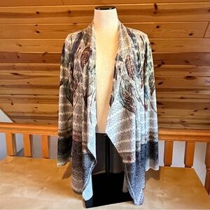 Vocal Western Boho Open Cardigan Sweater Feather Print Crystal Embellished Sz S